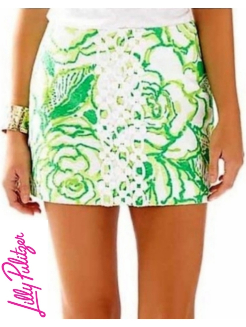 Lilly Pulitzer Green White Floral Brocade Emroidered Lace Resort Mini Skirt 6
